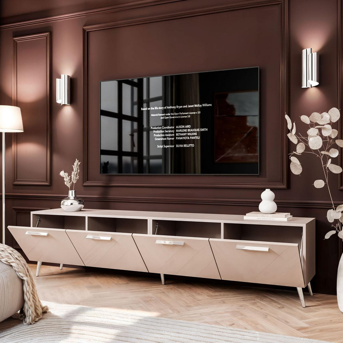 TV-ELEMENT AURA 200 KASCHMIR Hochglanz auf schrägen silbernen Beinen - Kaschmir/Silberfarben, Holzwerkstoff (200/49/40cm) - Lookway