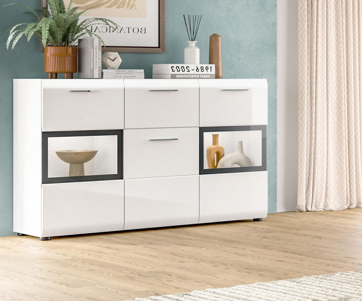 SIDEBOARD weiß Hochglanz 125 x 81 cm, Kommode mit viel Stauraum - Weiß Hochglanz/Silberfarben, Holzwerkstoff/Kunststoff (125/81/37cm) - Inn.Furn