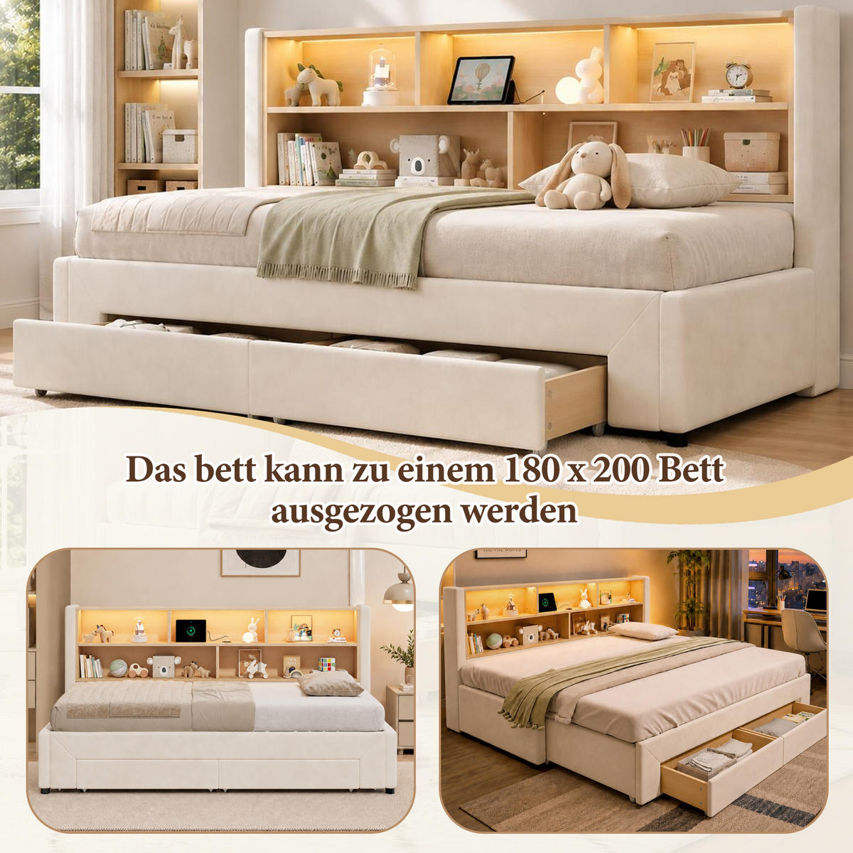 POLSTERBETT 90/200 cm & 90/200 cm in Beige Samt mit 2 Schubladen, LED und USB - Beige, Holzwerkstoff/Textil (90/200cm) - STILVORA