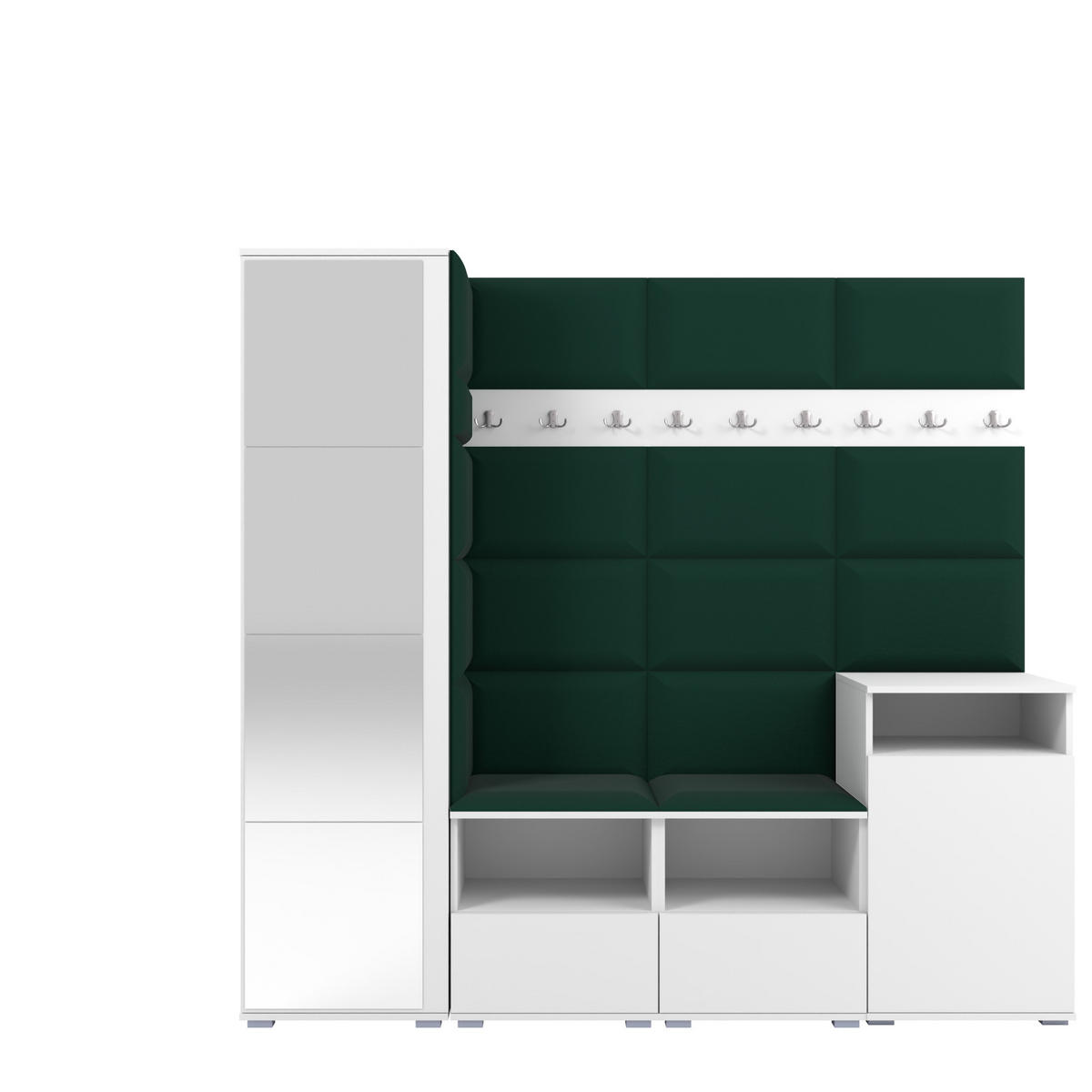 GARDEROBE NELA X 200 cm (Modulare Flurmöbel Weiß mit Spiegel & Sitzpolster Flaschengrün 28 Schrank + Sideboard) - Dunkelgrün/Silberfarben, Holz/Holzwerkstoff (200/187/40cm) - Ravio
