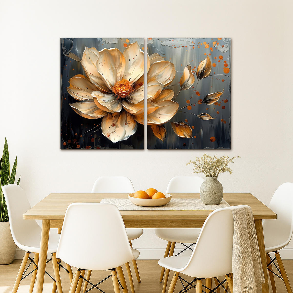 LEINWANDBILD 2er Set Blume - Gold - Abstrakt - Farbe 120x80 cm - Creme, Textil (120/80cm) - MuchoWow