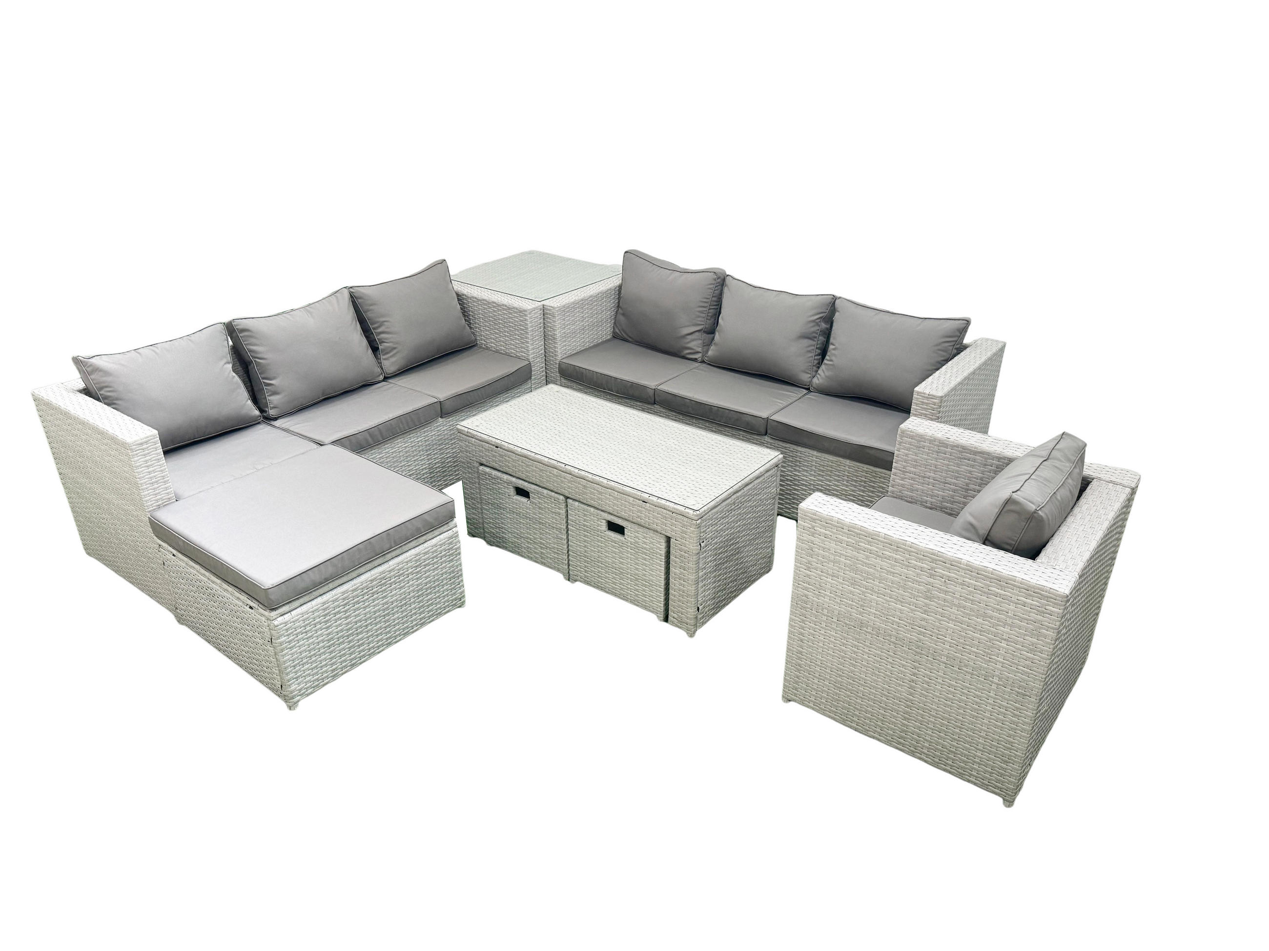 GARTENSOFA hohe Rückenlehne Polyrattan Hellgrau-Mix 10-Sitzer - Hellgrau/Grau, Glas/Kunststoff - Fimous