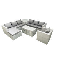 GARTENSOFA hohe Rückenlehne Polyrattan Hellgrau-Mix 10-Sitzer - Hellgrau/Grau, Glas/Kunststoff - Fimous