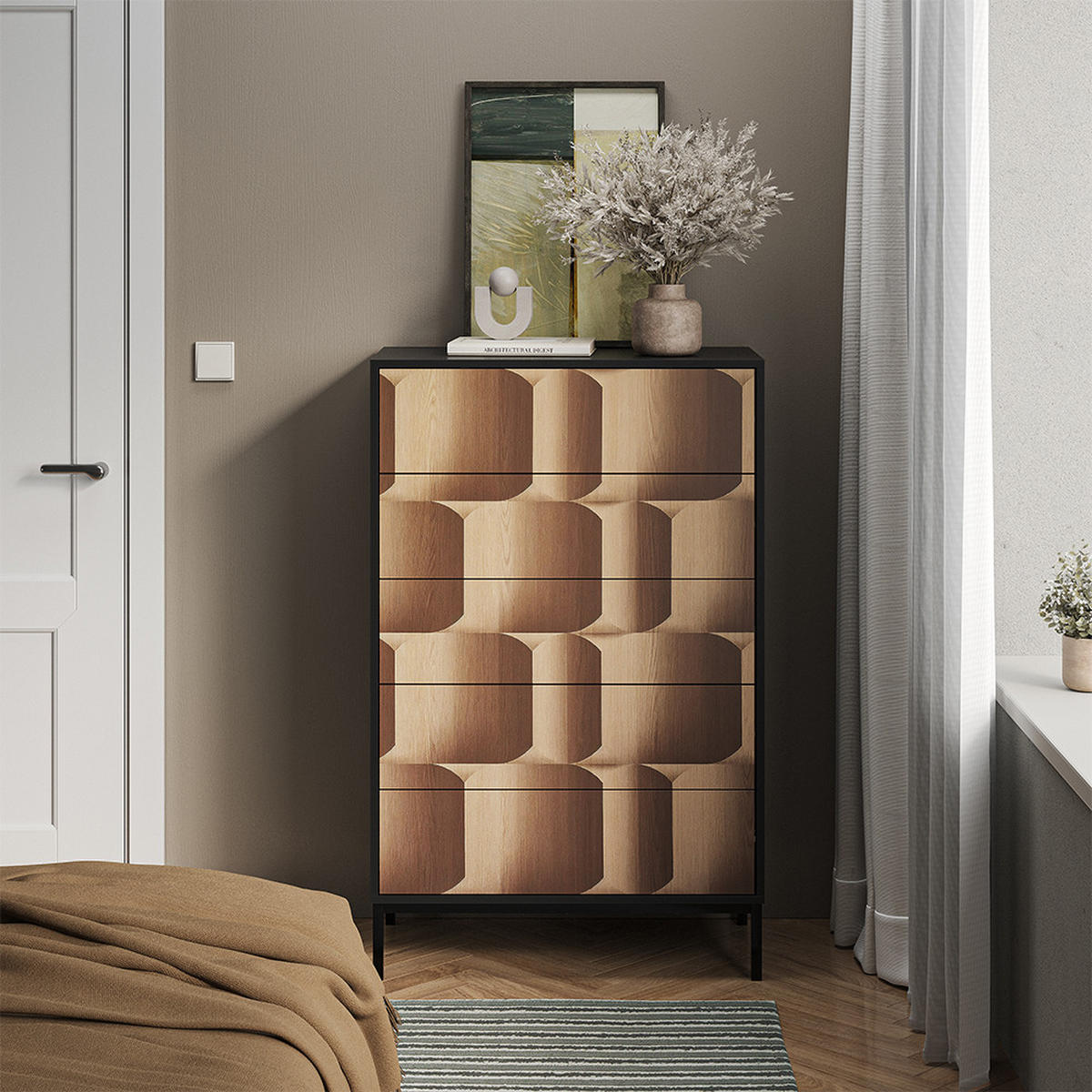 KOMMODE Eliza Schwarz/Eiche 76 x 120 cm mit 5 Schubladen - Eichefarben/Schwarz, Holzwerkstoff (76/120/40cm) - Vicco
