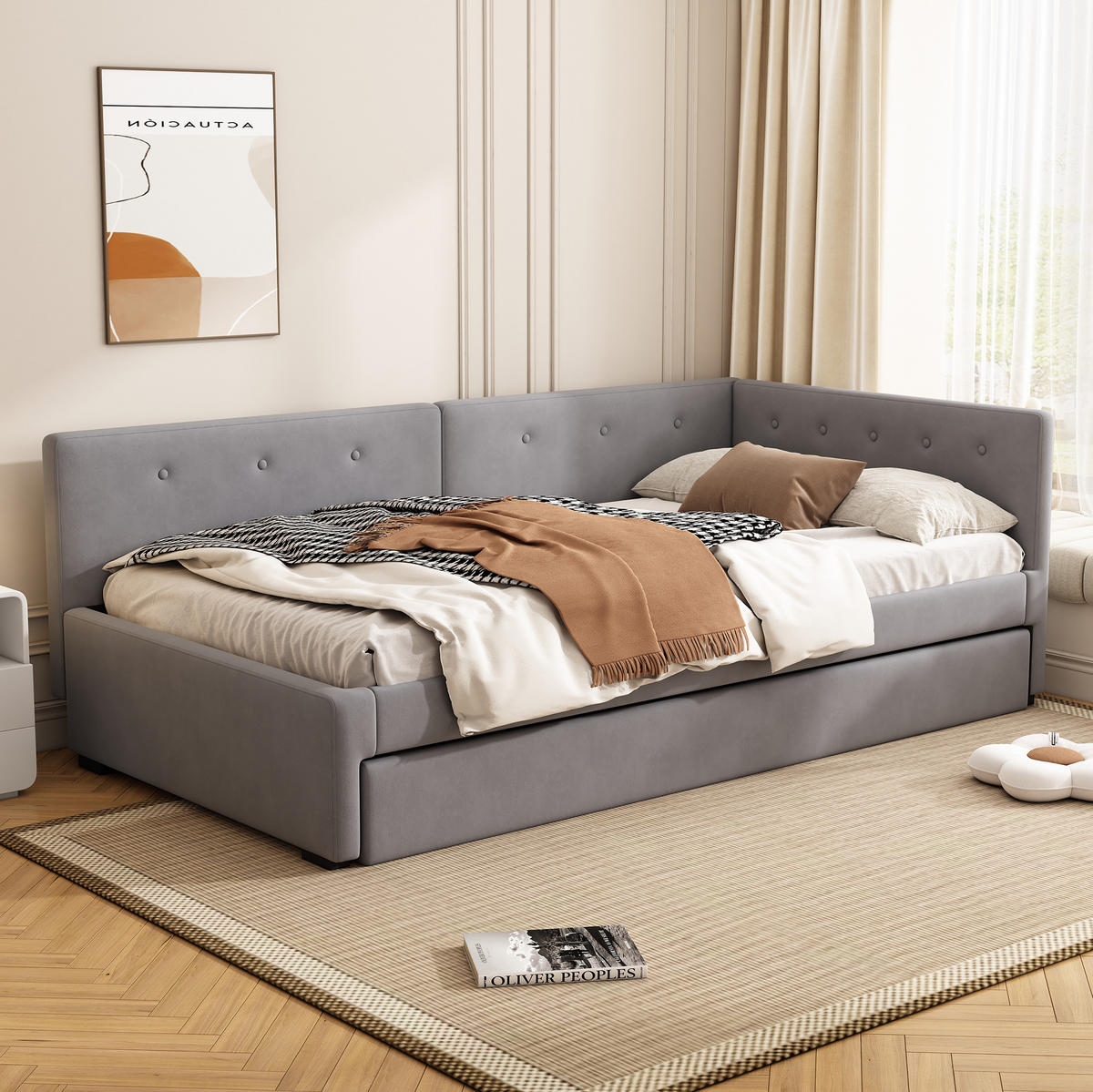 RÁMOVÁ posteľ zo zamatu, 90/200 cm sivá, s vysúvacím lôžkom - sivá, textil (90/200cm) - BEAOK
