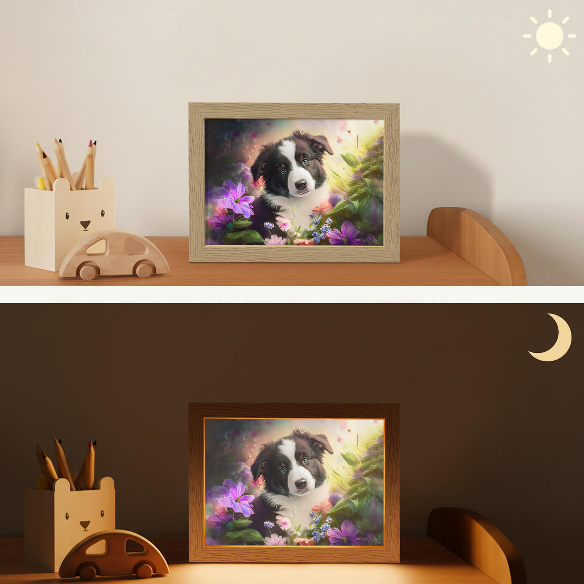 NACHTTISCHLAMPE Welpe - Sonne - Blumen - Natur - Border Collie - Hund 20x15 cm - Violett, Holzwerkstoff (8/20/15cm)