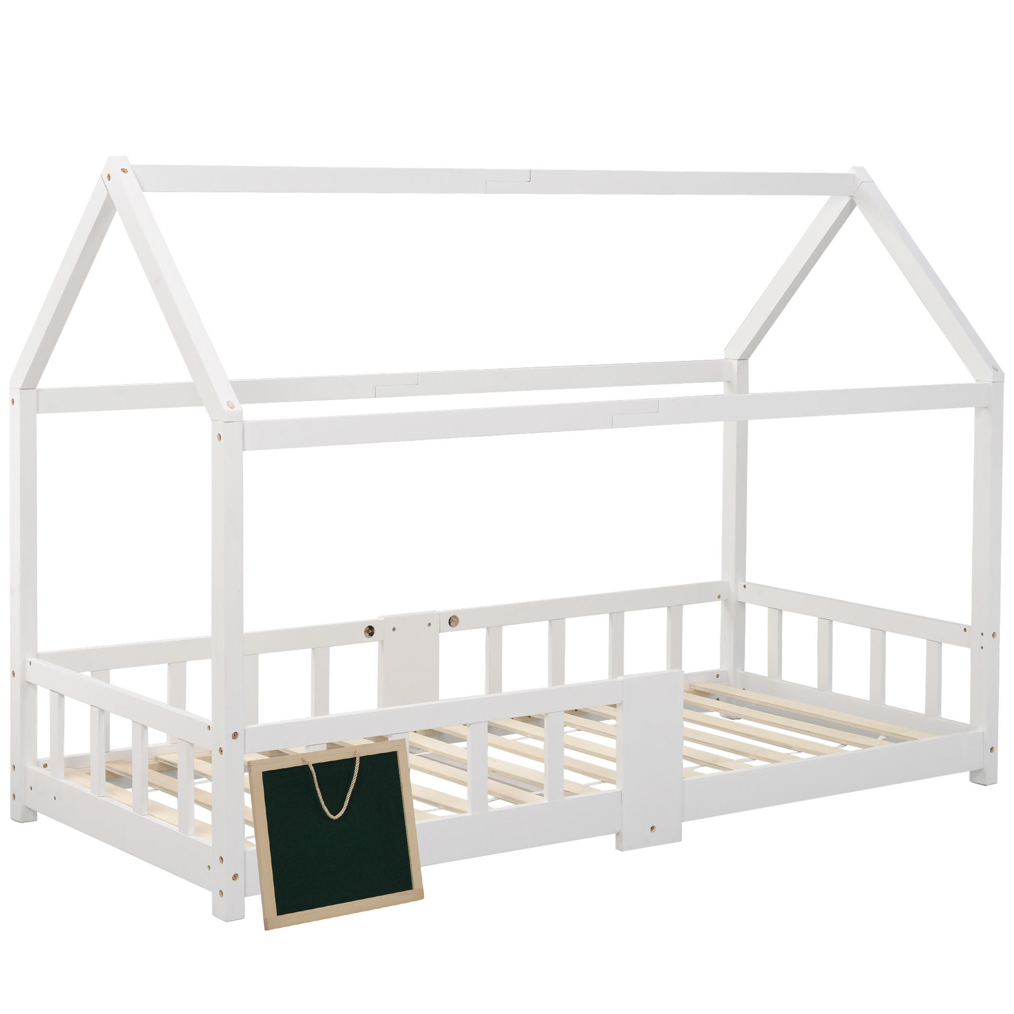 HAUSBETT 90/200 cm DE-03879, mit Tafel, Rausfallschutz und Lattenrosten, in Weiß - Weiß, Holz (90/200cm) - ComfortXL