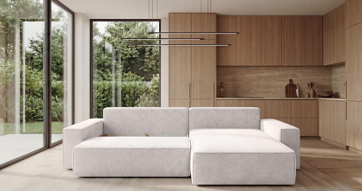 ECKSOFA California mit Schlaffunktion Vanille Rechts - Weiß, Textil (280/184cm) - Cornero