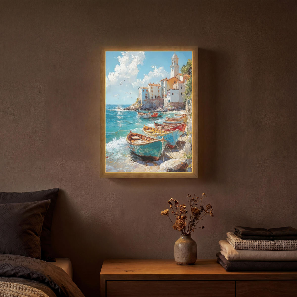 NÁSTĚNNÁ LAMPA S AKUMULÁTOREM Lodě - skály - moře - slunce 30x40 cm - modrá, kompozitní dřevo (30/40/8cm) - OnlyWow