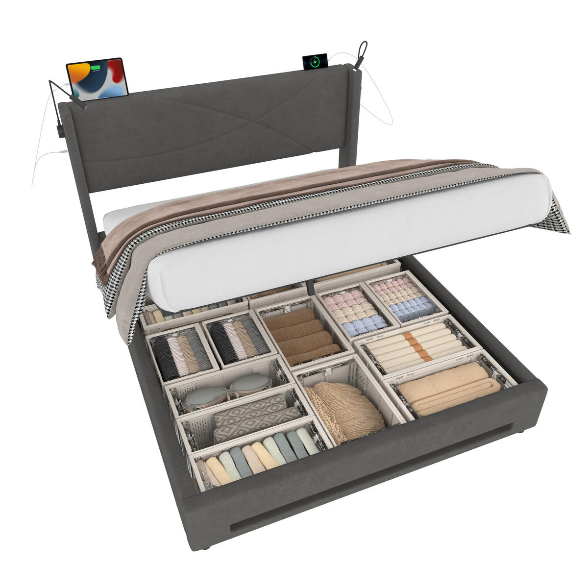 BETTGESTELL 160/200 cm grau mit Leselichtern und Stauraum - Grau, Textil (160/200cm) - OKWISH