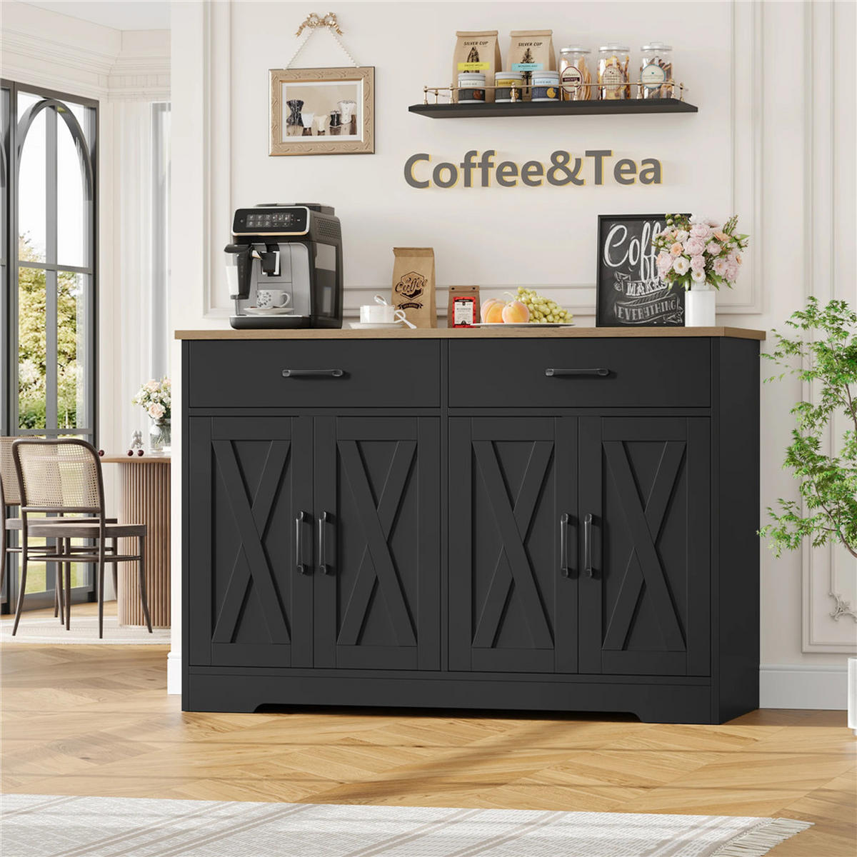SIDEBOARD 120x81x40 cm Küchenschrank 2 Schubladen Schwarz - Schwarz, Holz (120/81/40cm) - Kaket