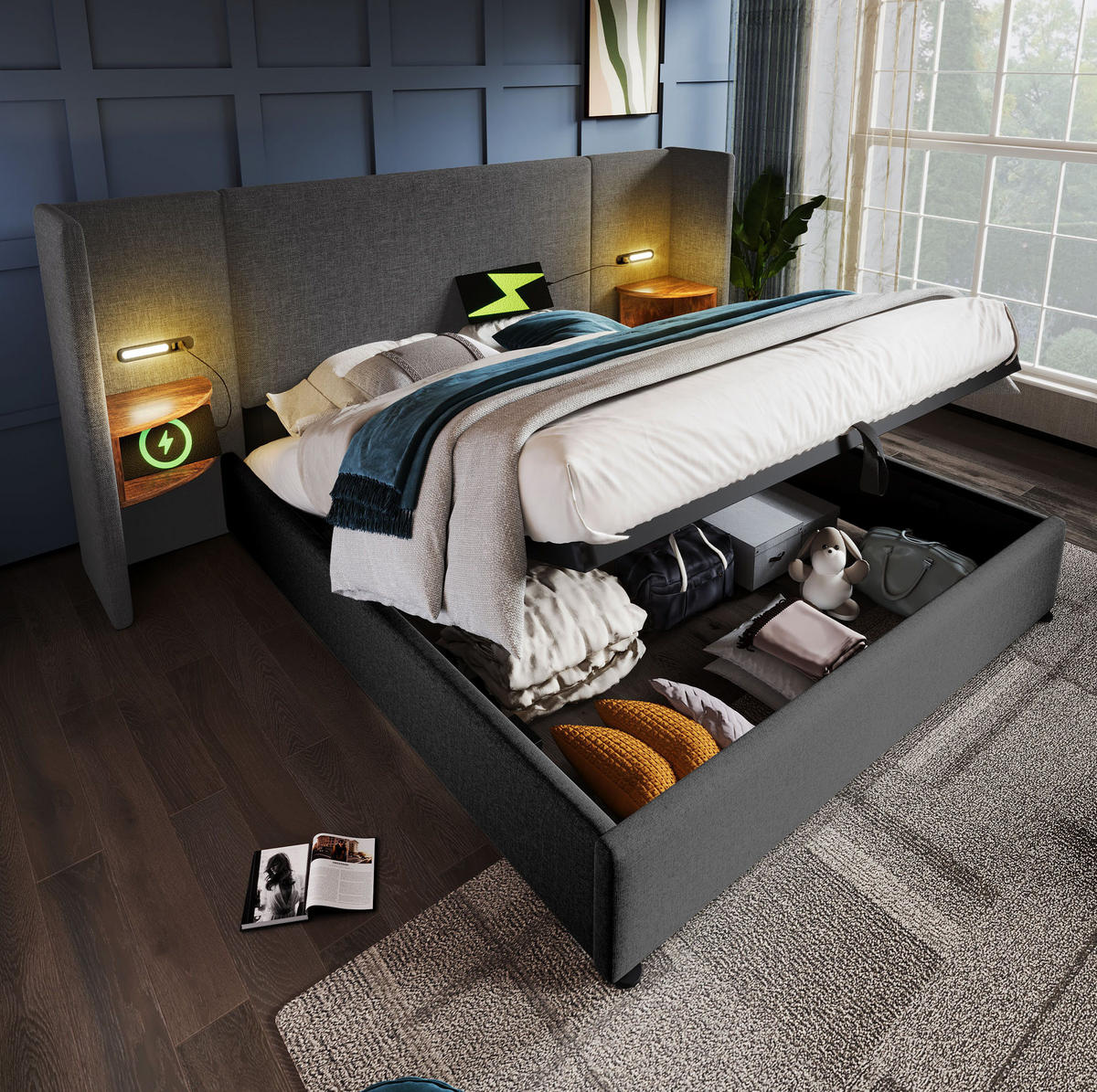 POLSTERBETT 160/200 cm Grau mit Stauraum und USB-Anschluss mit Matratze - Grau, Textil (160/200cm) - OKWISH