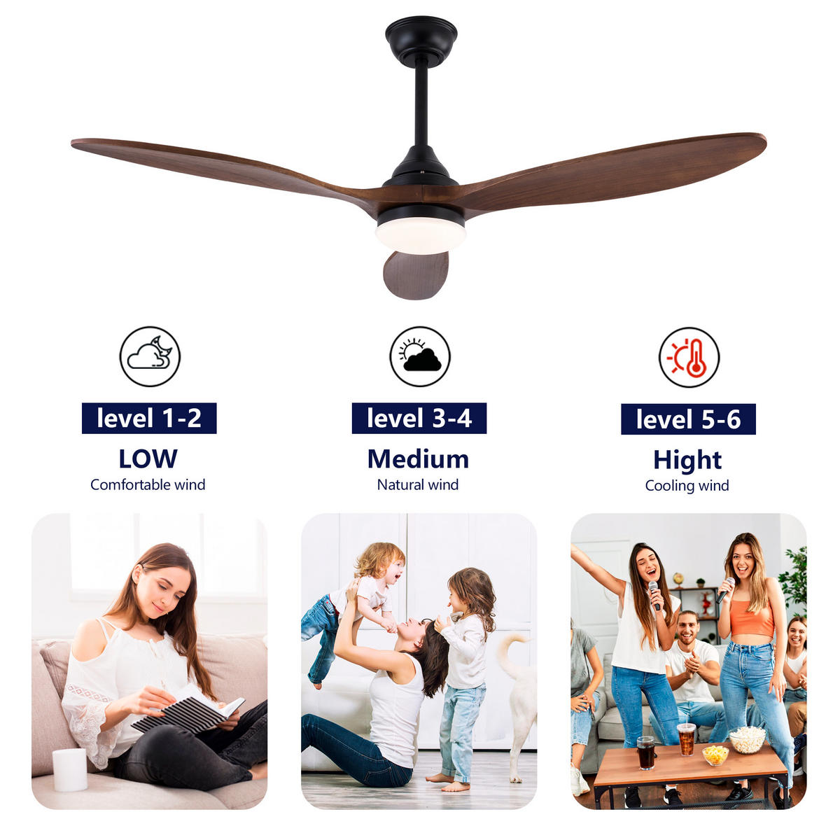 DECKENVENTILATOR DE-16254 52 Zoll mit CCT LED & Holzflügel Schwarz - Walnussfarben, Holz/Metall (132/132/37cm) - ComfortXL
