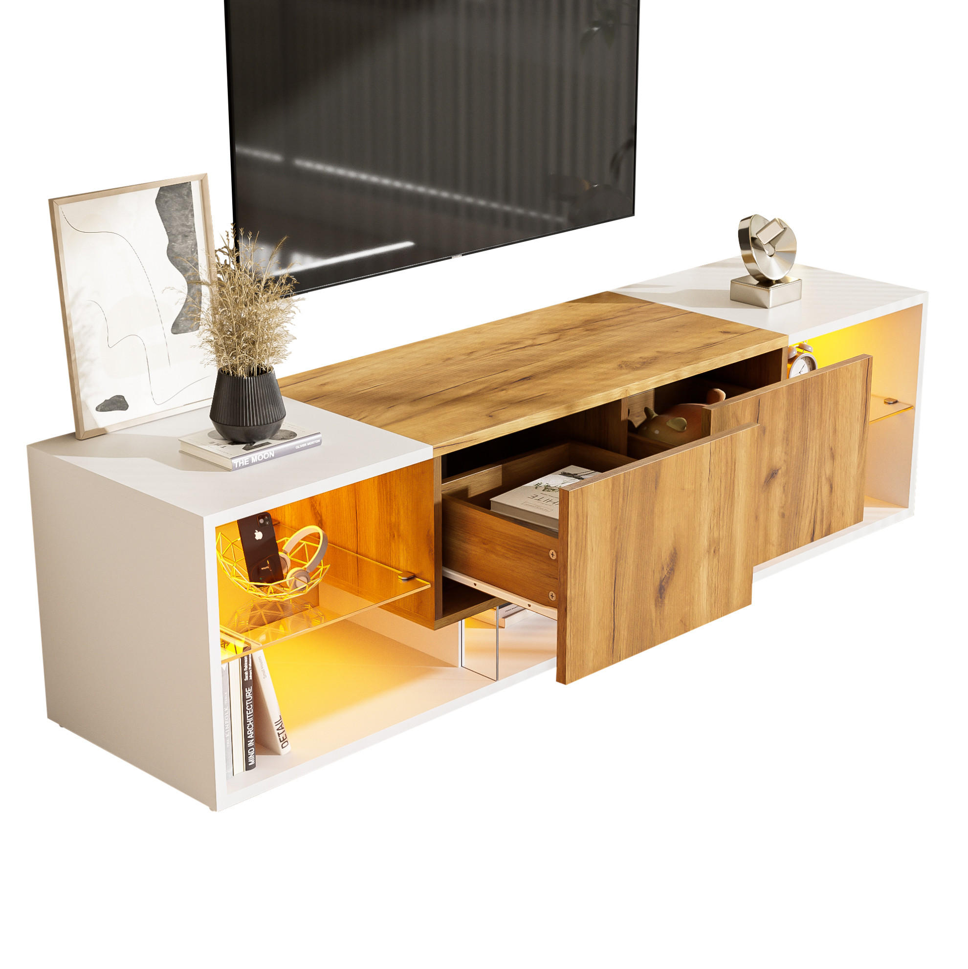 TV-SCHRANK in Weiß/Eicheoptik mit LED und 2 Schubladen 160/40/42 cm - Weiß, Holzwerkstoff (160/42/40cm) - Redom