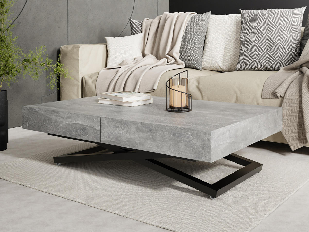 COUCHTISCH Cavetta X höhenverstellbar ausziehbar, Grauer Beton 120-200/80/27-76 cm - Hellgrau/Schwarz, Holzwerkstoff/Metall (80/120/76cm) - WFL GROUP