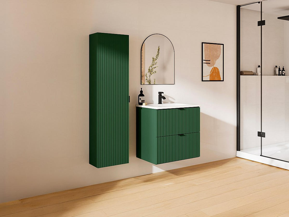 BADHOCHSCHRANK hängend - Streifenoptik - Mattgrün - H140 cm - ZEVINI - Grün, Holz (25/140/35cm) - Vente-Unique