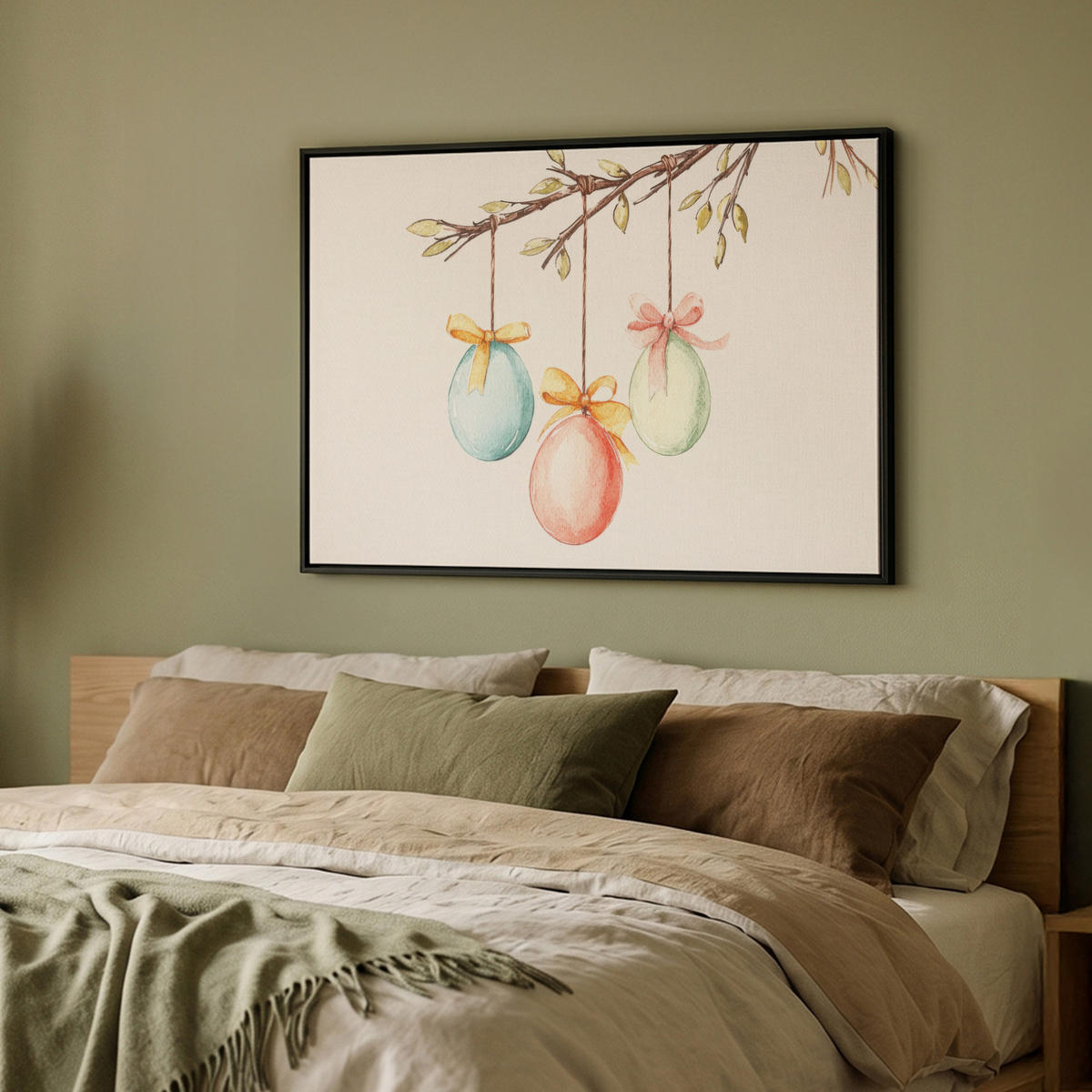 LEINWAND Bilder mit Rahmen - Osterkuchen - Schleife - Eier - 100x70 - Creme, Textil (100/70cm) - MuchoWow