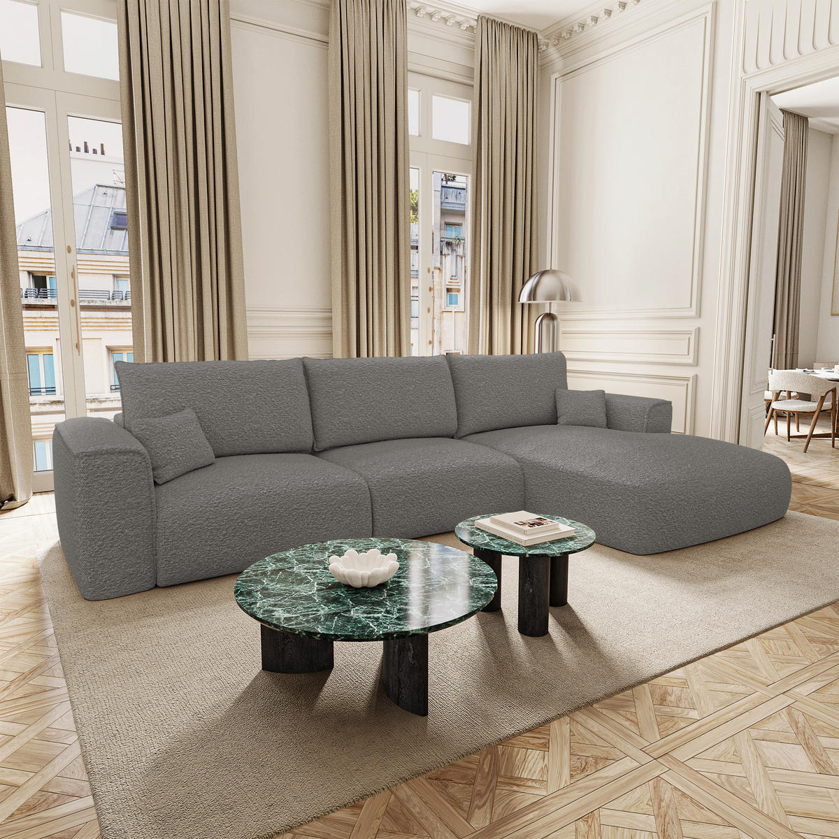 ECKSOFA rechtwinklig COMO Frottee Graphitgrau 300cm - Dunkelgrau/Graphitfarben, Textil (300/165cm) - Premium Interiors