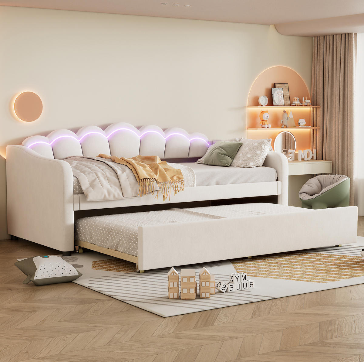 POLSTERBETT mit LED-Beleuchtung 90/200 cm in Beige mit ausziehbarem Rollbett - Beige, Textil (90/200cm) - BEAOK