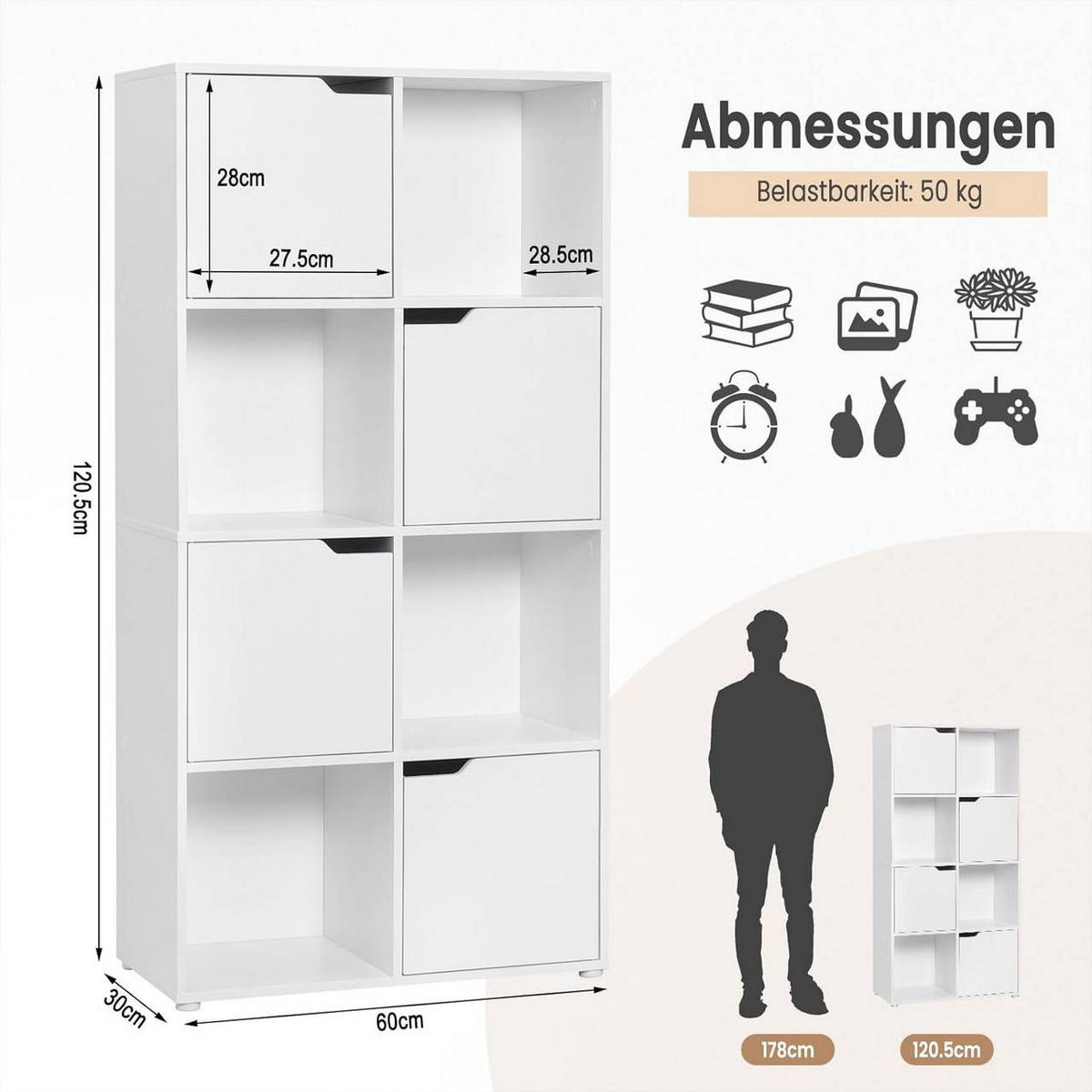 BÜCHERREGAL mit 8 Fächern, 60x120x30 cm, Weiß - Weiß, Holzwerkstoff (60/120/30cm) - Woltu