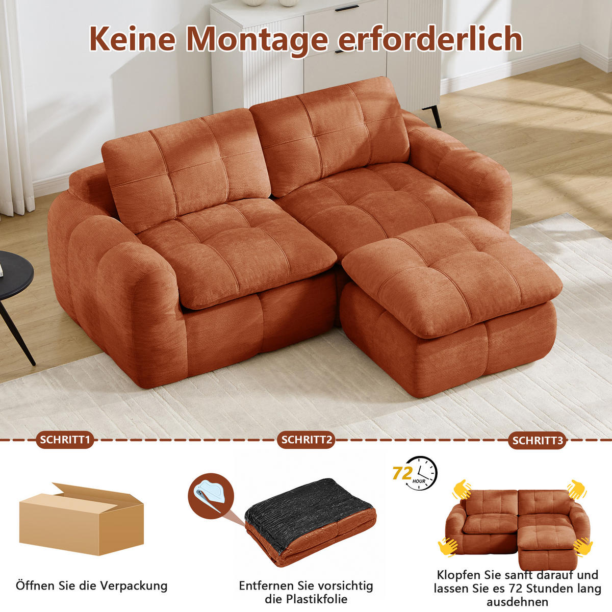 2-SITZER-SOFA mit 1 Hocker, minimalistisch, Chenille-Orange - Orange, Textil (160/68/194cm) - KOMHTOM
