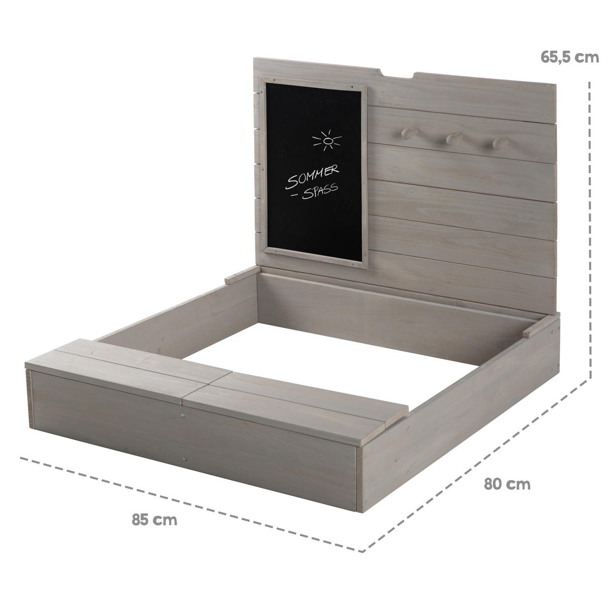 SANDKASTEN mit Deckel, Tafel und Haken grau - Grau, Holz (85/88/65.5cm) - Roba