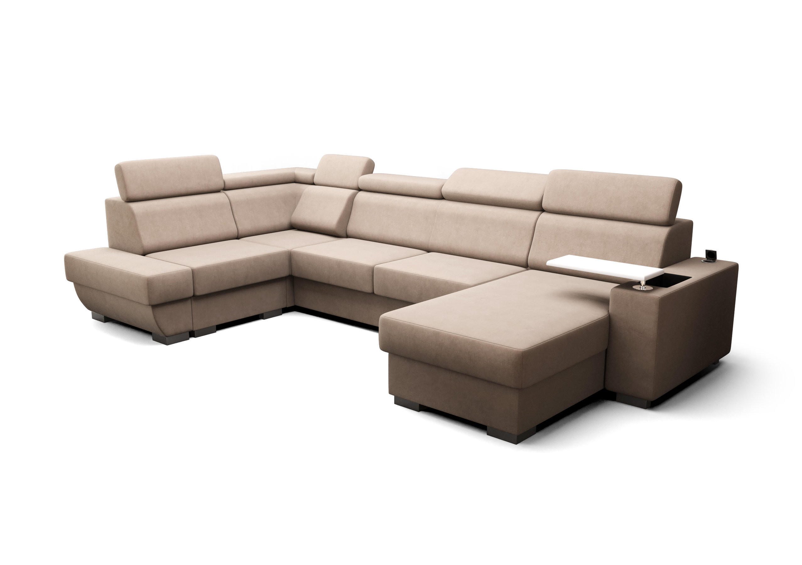 WOHNLANDSCHAFT KONGO RBN20, Eckcouch in U-Form mit Schlaffunktion, Farbe: Beige, Velourstoff, Ottomane Rechts - Beige, Textil (340/103/200cm) - O-Sofa