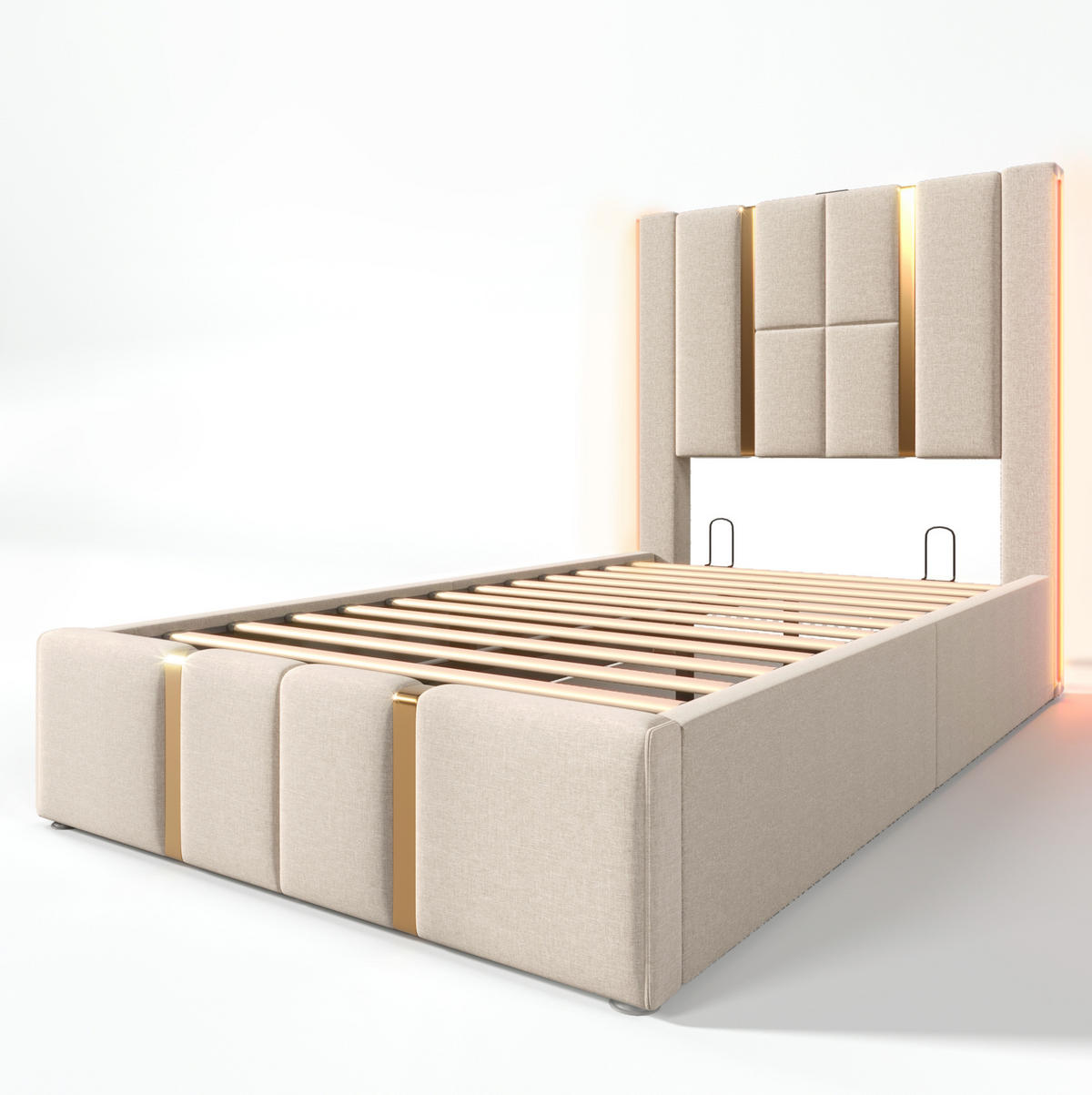 ČALÚNENÁ posteľ z ľanu 90x200 cm béžová s USB a USB-C nabíjaním, LED osvetlením a úložným priestorom - béžová, textil (90/200cm) - Modfu