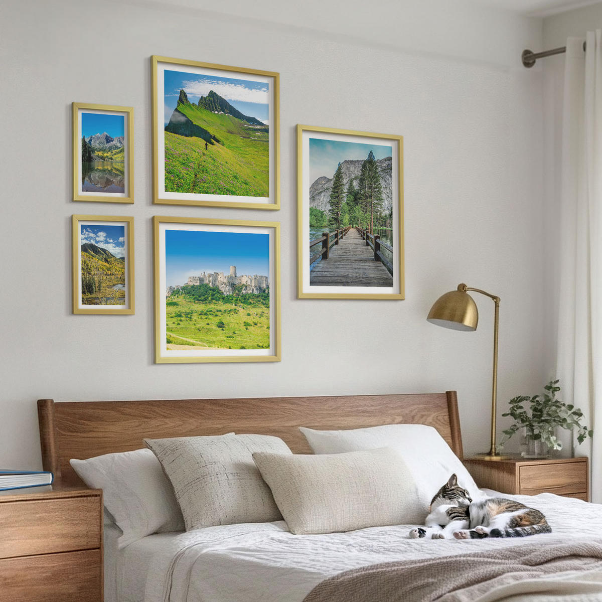 BILDER SET 5er Set - 50x50 cm & 20x30 cm & 40x60 cm Goldrahmen - Wasserfälle, Berge, Wolken, Herbst - Goldfarben, Kunststoff (40/60cm) - TULUP