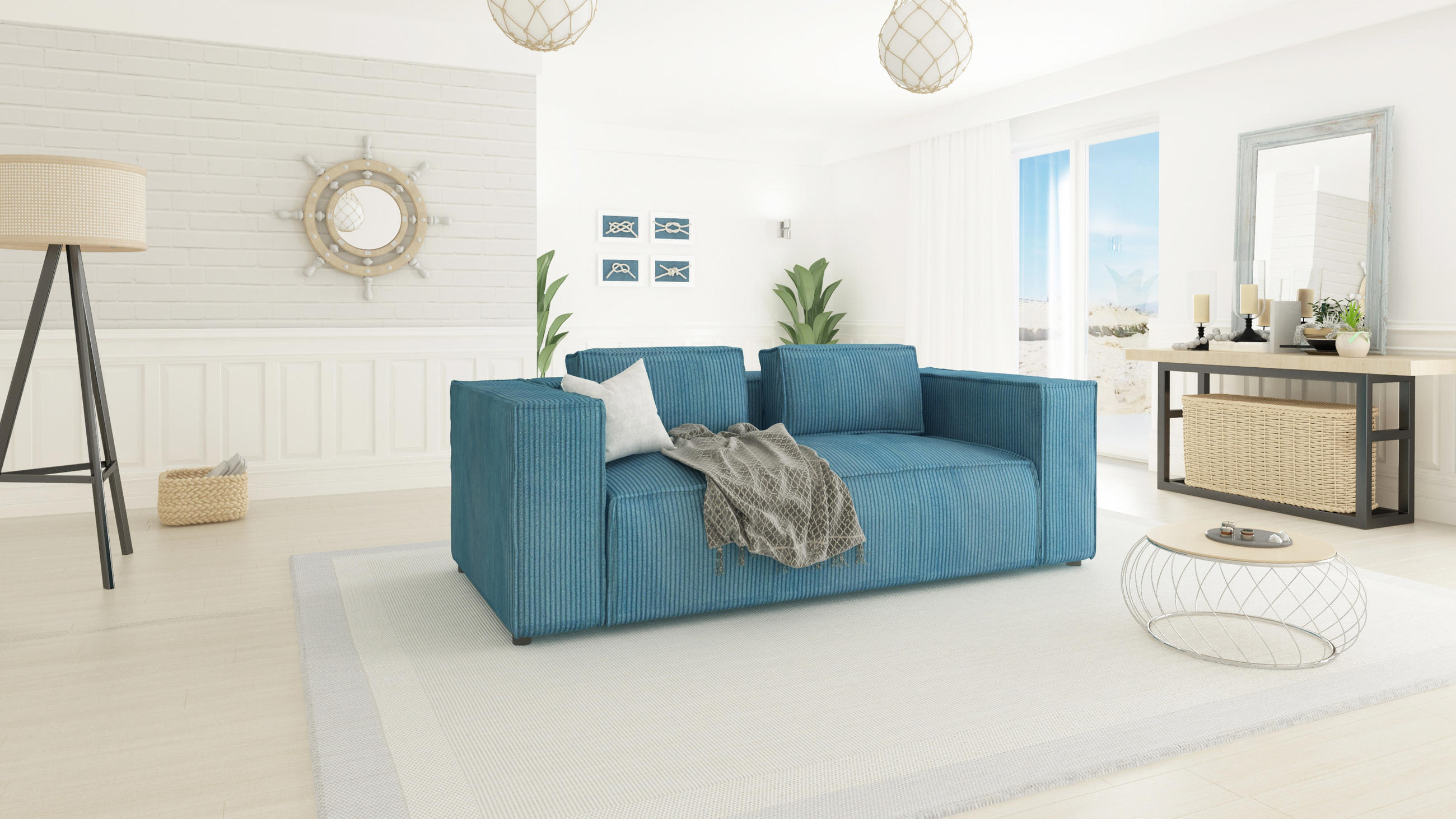 2-SITZER-SOFA Nova Türkis Cord - Türkis/Schwarz, Holz/Kunststoff (196/64/92cm) - S-Style Möbel
