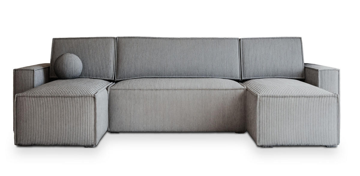 WOHNLANDSCHAFT PESANO P Hellgrau Kordstoff mit Schlaffunktion - Hellgrau, Holz (306/85/140cm) - MASSENO