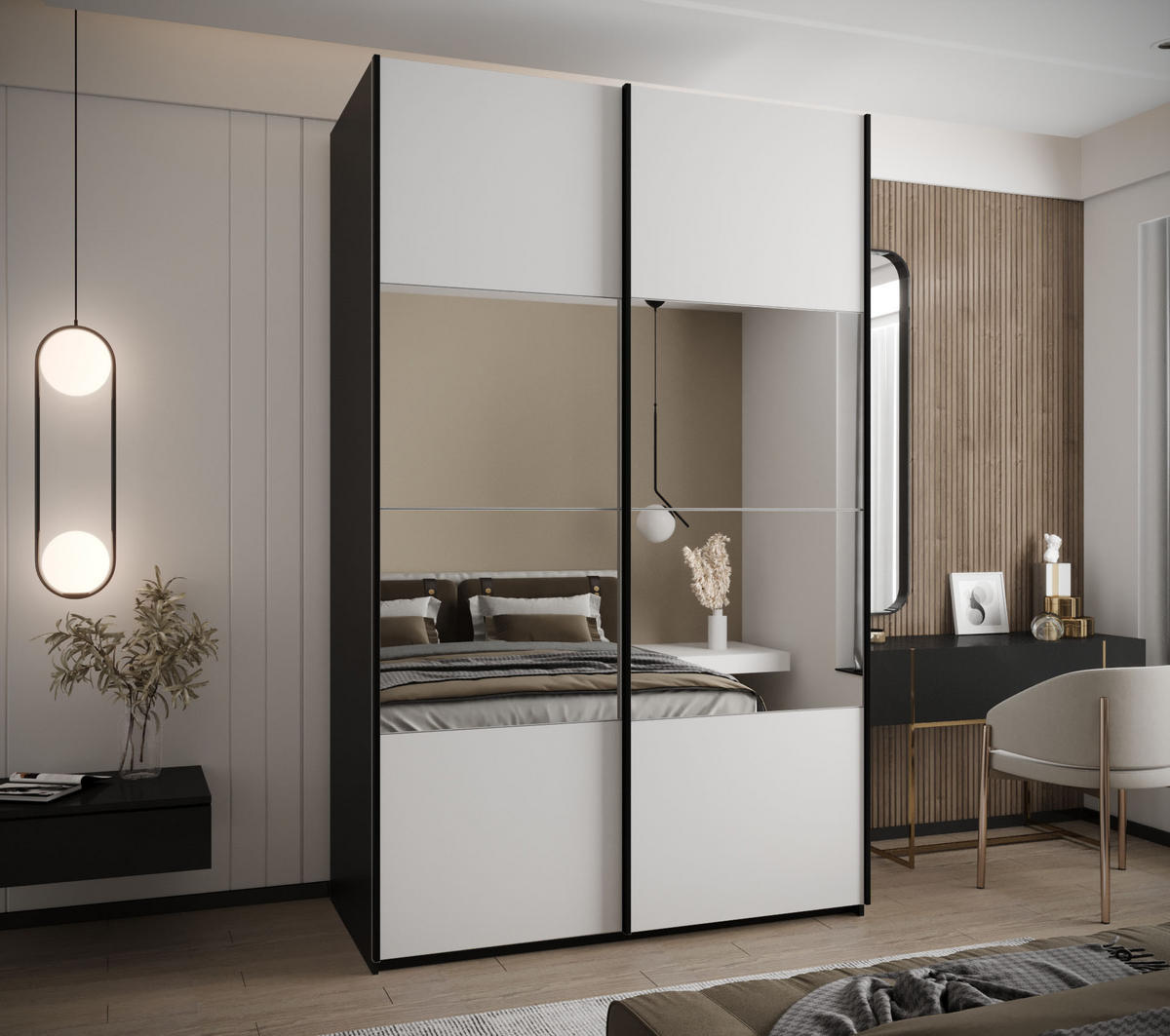 SCHWEBETÜRENSCHRANK 245,5/160/64 2-türig - Schwarz/Weiß, Holz/Metall (160/245/64cm) - Abiks Möbel