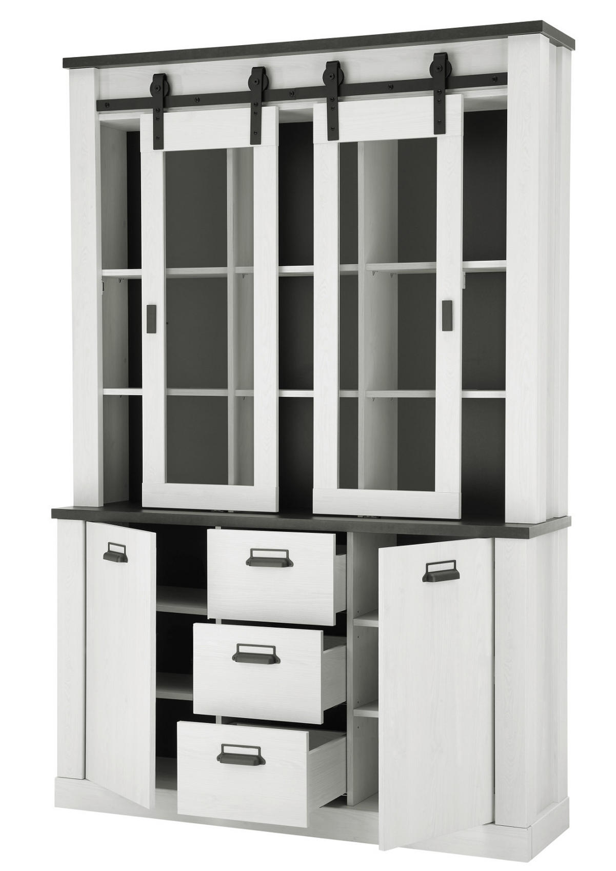 BUFFETSCHRANK weiß Pinie, anthrazit, Landhaus, Vitrinenschrank 133 x 201 cm - Anthrazit/Weiß, Holzwerkstoff/Metall (133/201/37cm) - Furn.Design