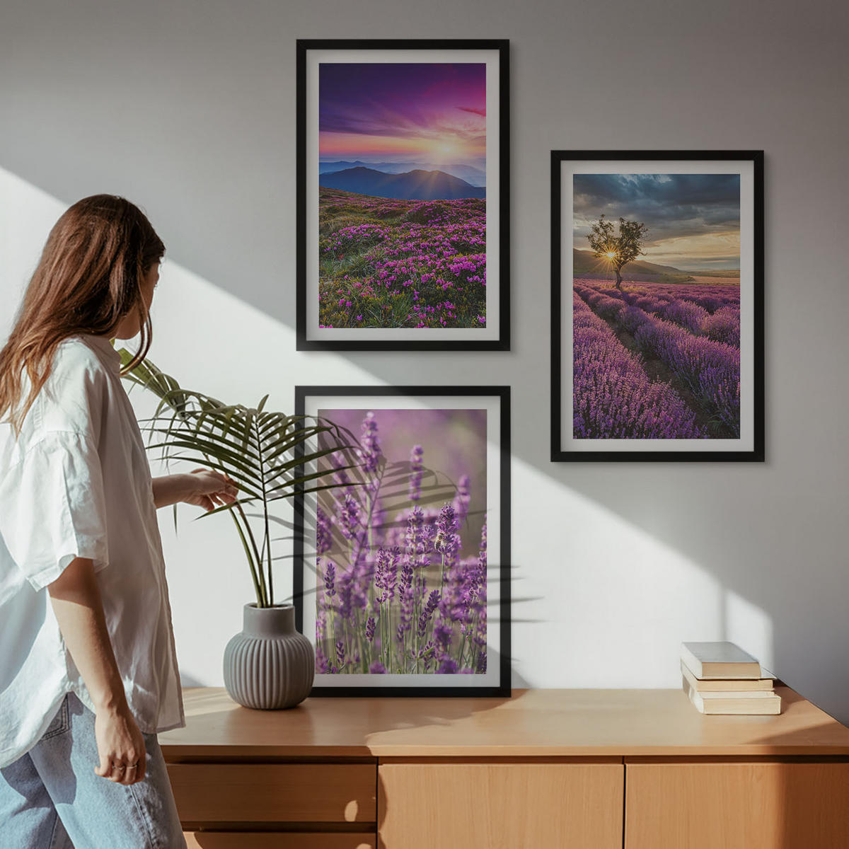 BILDER SET 3er Set - 40x60 cm Schwarzer Rahmen - Sonnenuntergang auf Lavendelfeldern - Schwarz, Kunststoff (40/60cm) - TULUP