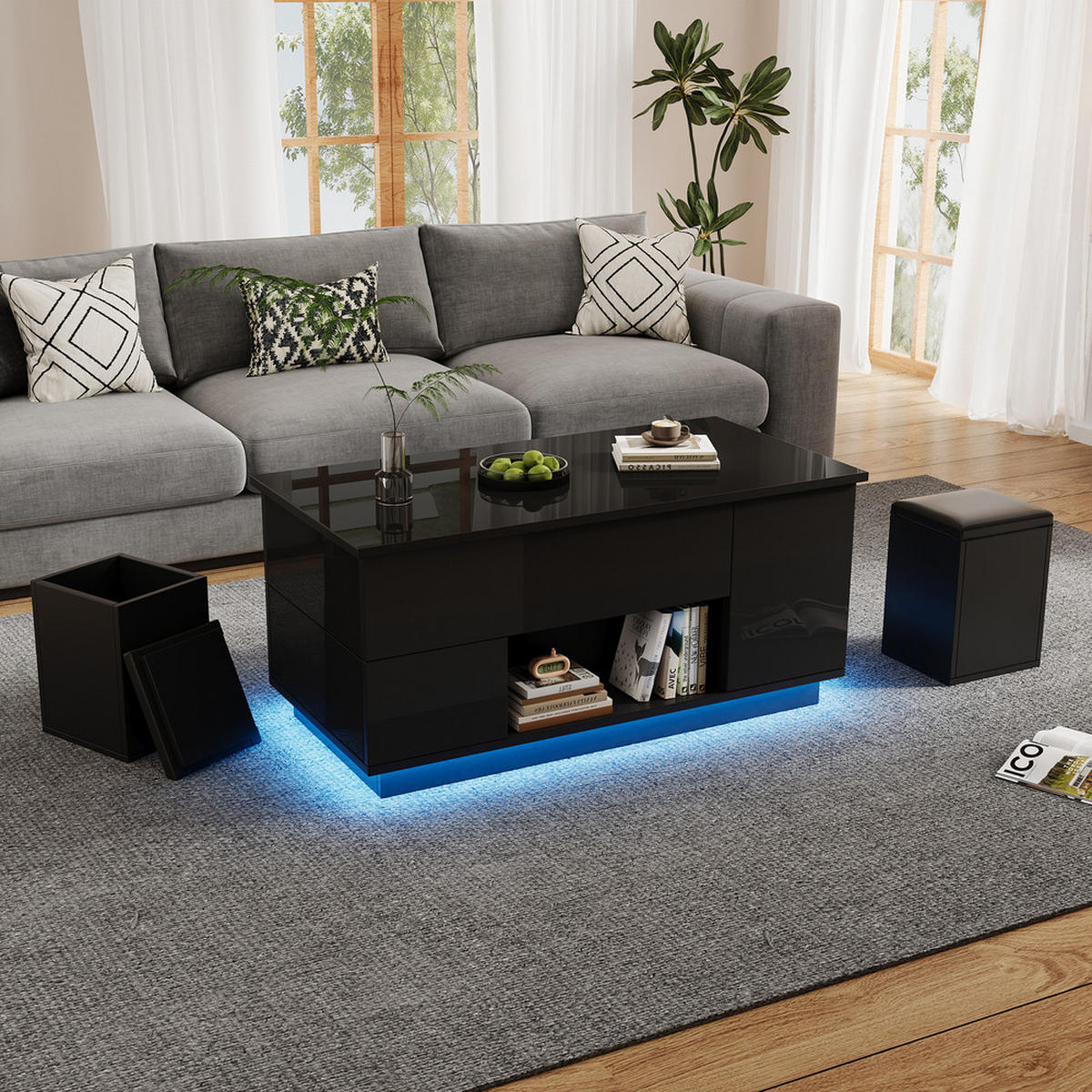 COUCHTISCH 100x50cm Schwarz Höhenverstellbar LED 4in1 2 Schubladen 50kg - Schwarz, Holz (62.76/50.8/20.32cm) - FLIEKS