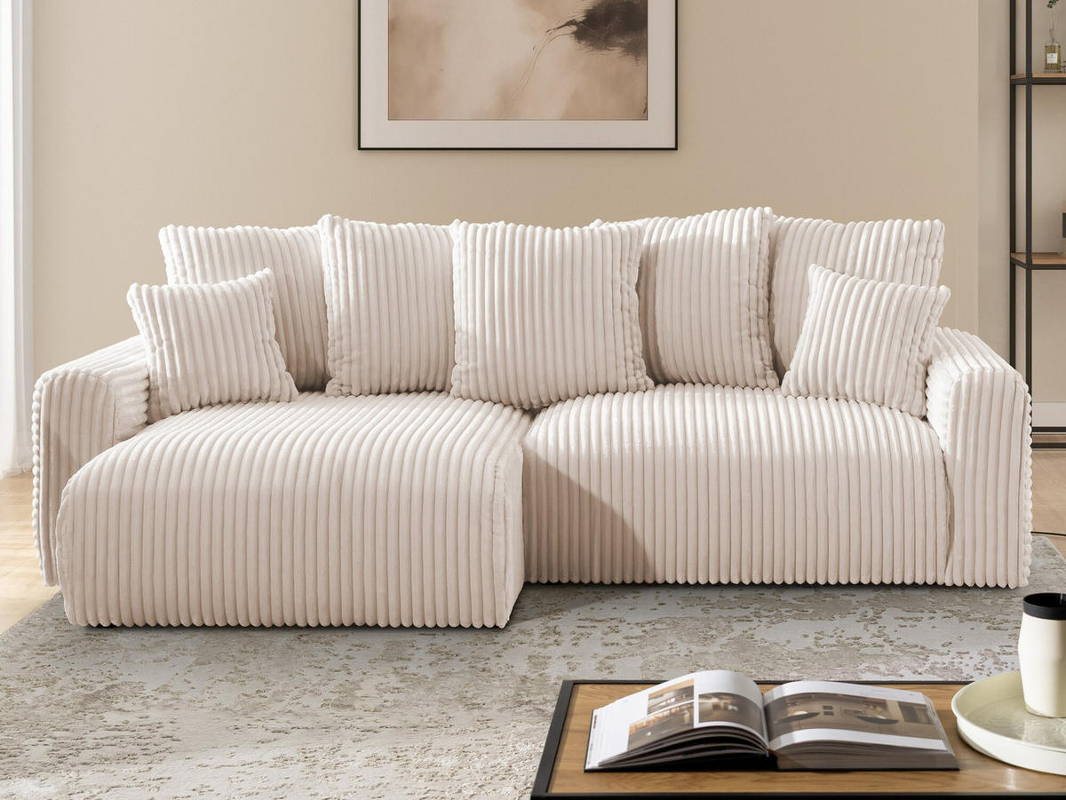 ECKSOFA Calma mit Schlaffunktion und Bettkasten im Bumpy-Design aus weichem Hellbeige Plüschcord - Ottomane links - Beige/Schwarz, Holz/Kunststoff (239/140cm) - S-Style