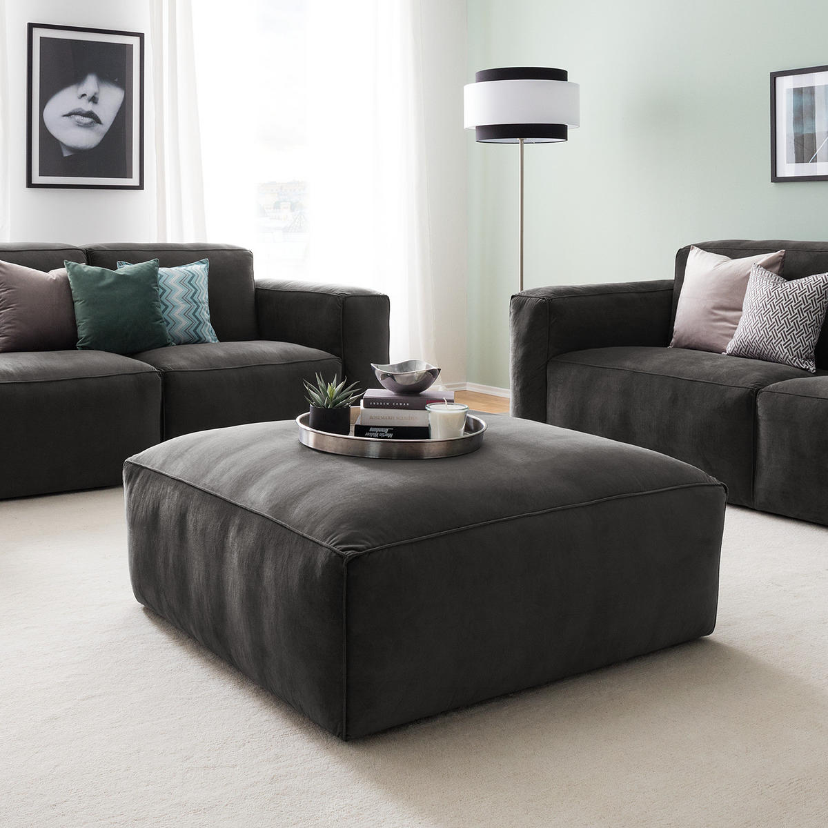 POLSTERHOCKER - Dunkelgrau/Schwarz, Kunststoff/Textil (92/42/92cm) - home24