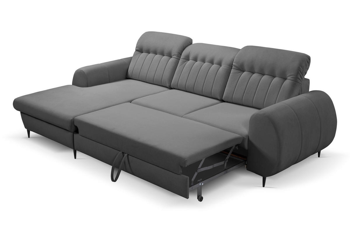 ECKSOFA PURO L-S Grau Plüsch-Stoff mit Schlaffunktion - Grau, Holz (275/166cm) - MASSENO