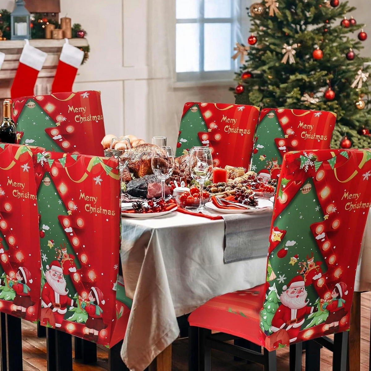 STUHLHUSSEN Weihnachten 6er Set Rot-Baum - Multicolor, Textil (43/43cm)