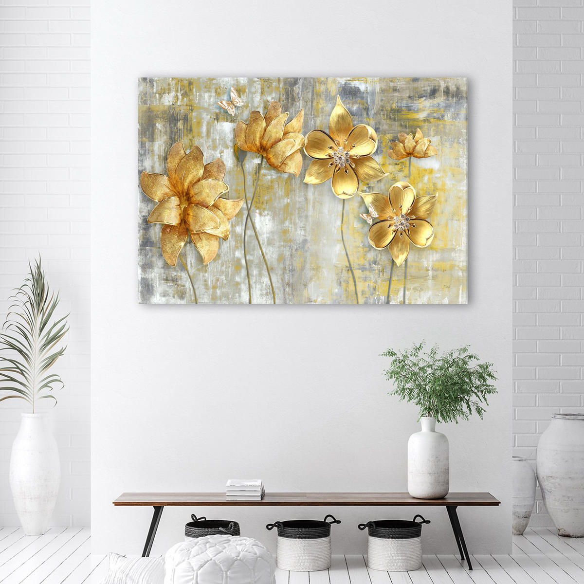WANDBILD goldene blumen und schmetterlinge - Goldfarben, Textil (60/40cm) - Feeby