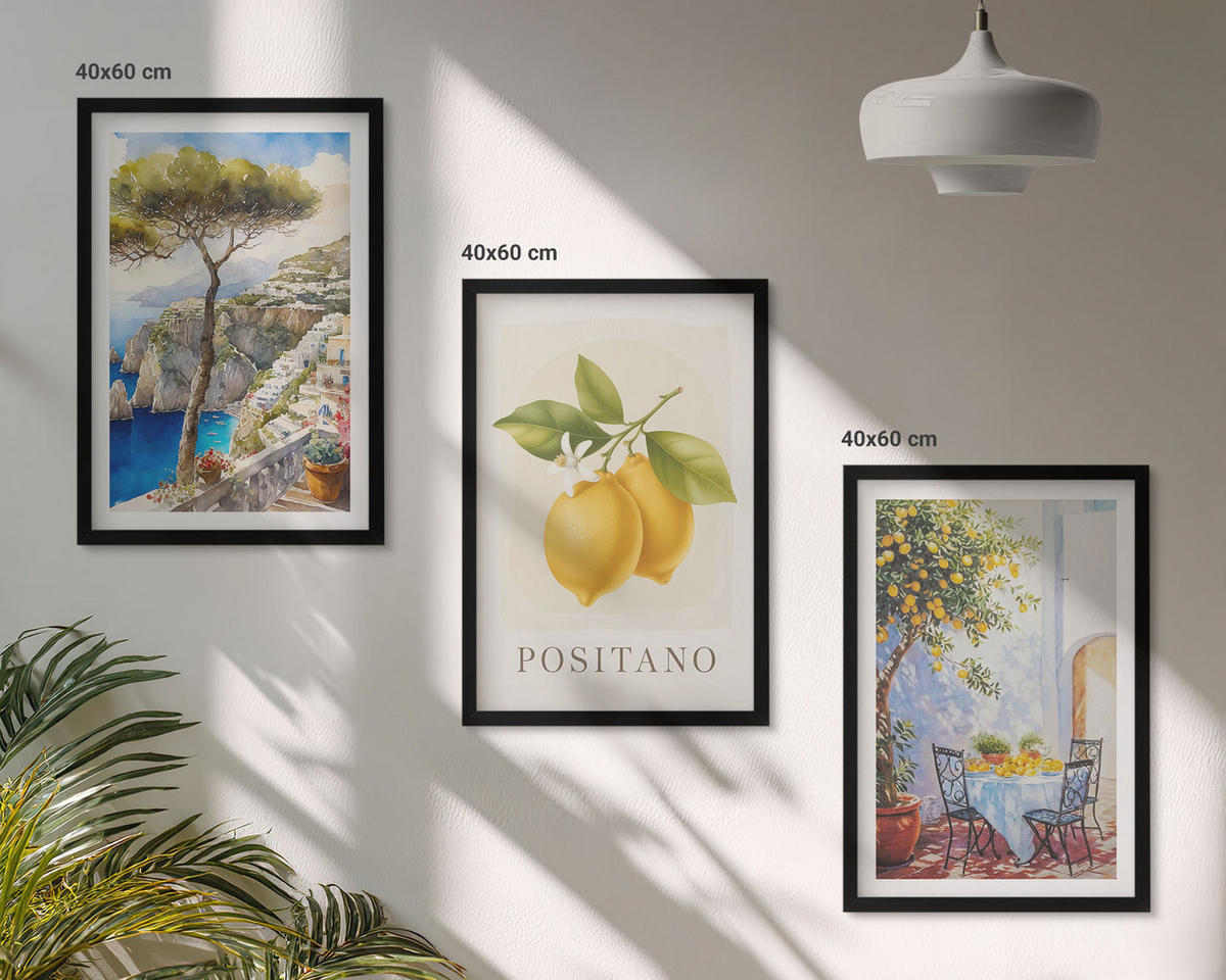 BILDER SET 3er Set - 40x60 cm Schwarzer Rahmen - Ansichten von Positano mit Zitronen - Schwarz, Kunststoff (40/60cm) - TULUP