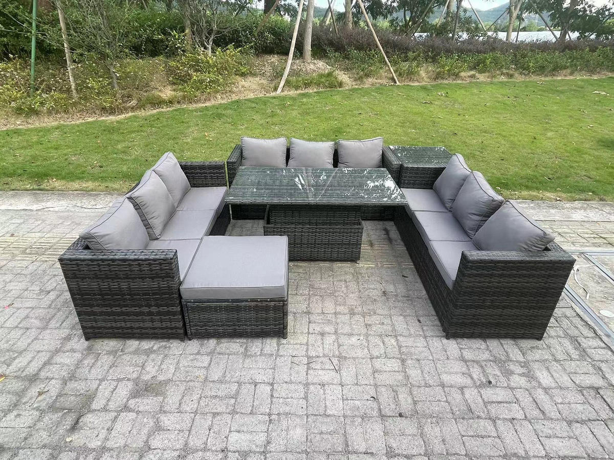 GARTENMÖBEL HÖHENVERSTELLBARER ESSTISCH SET MIT HOCKER Polyrattan Outdoor 10-Sitzer - Dunkelgrau/Grau, Glas/Kunststoff - Fimous