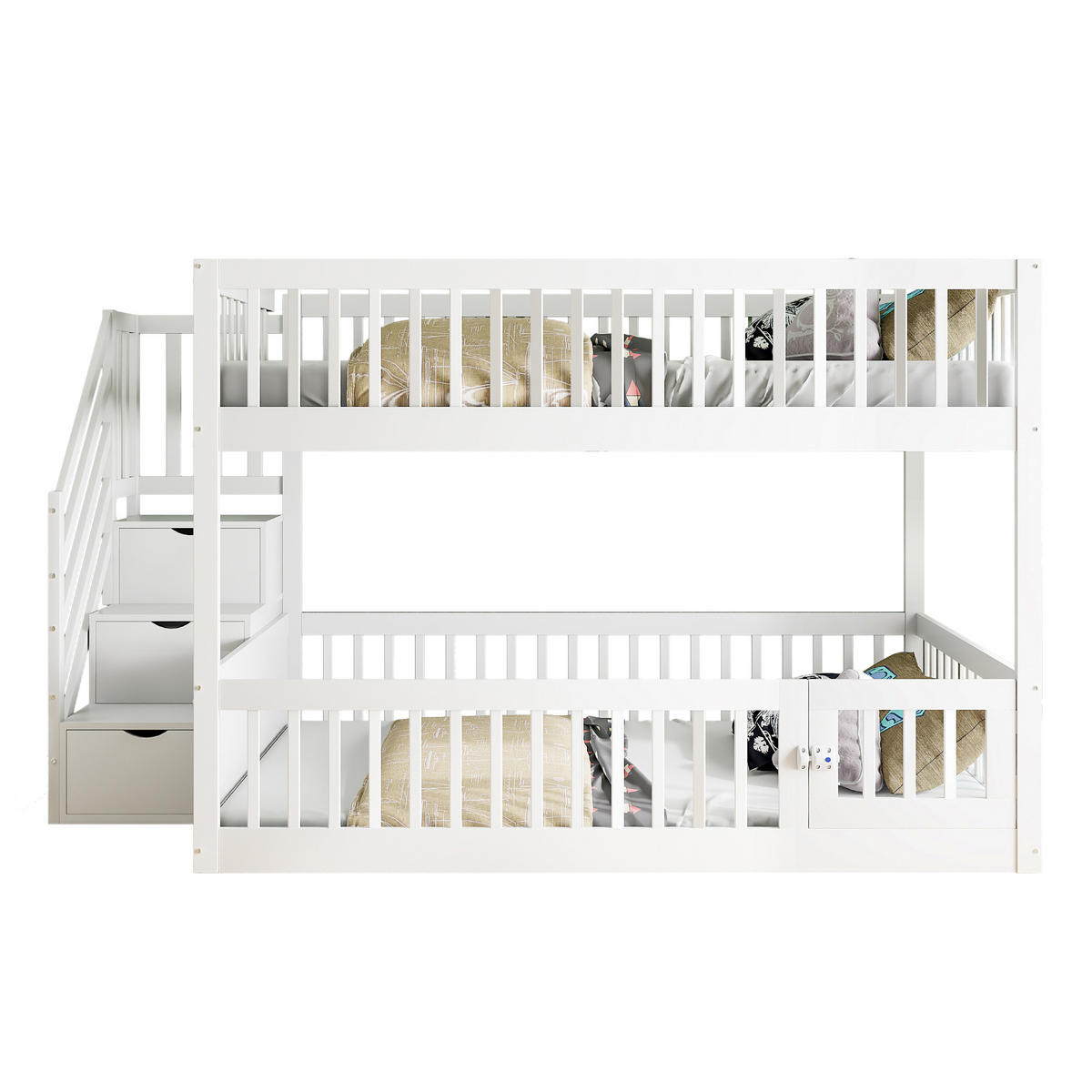 ETAGENBETT Holz 140 x 200 cm Weiß/Grau mit Treppe und Schubladen - Weiß, Holz (140/200cm) - ComfortXL