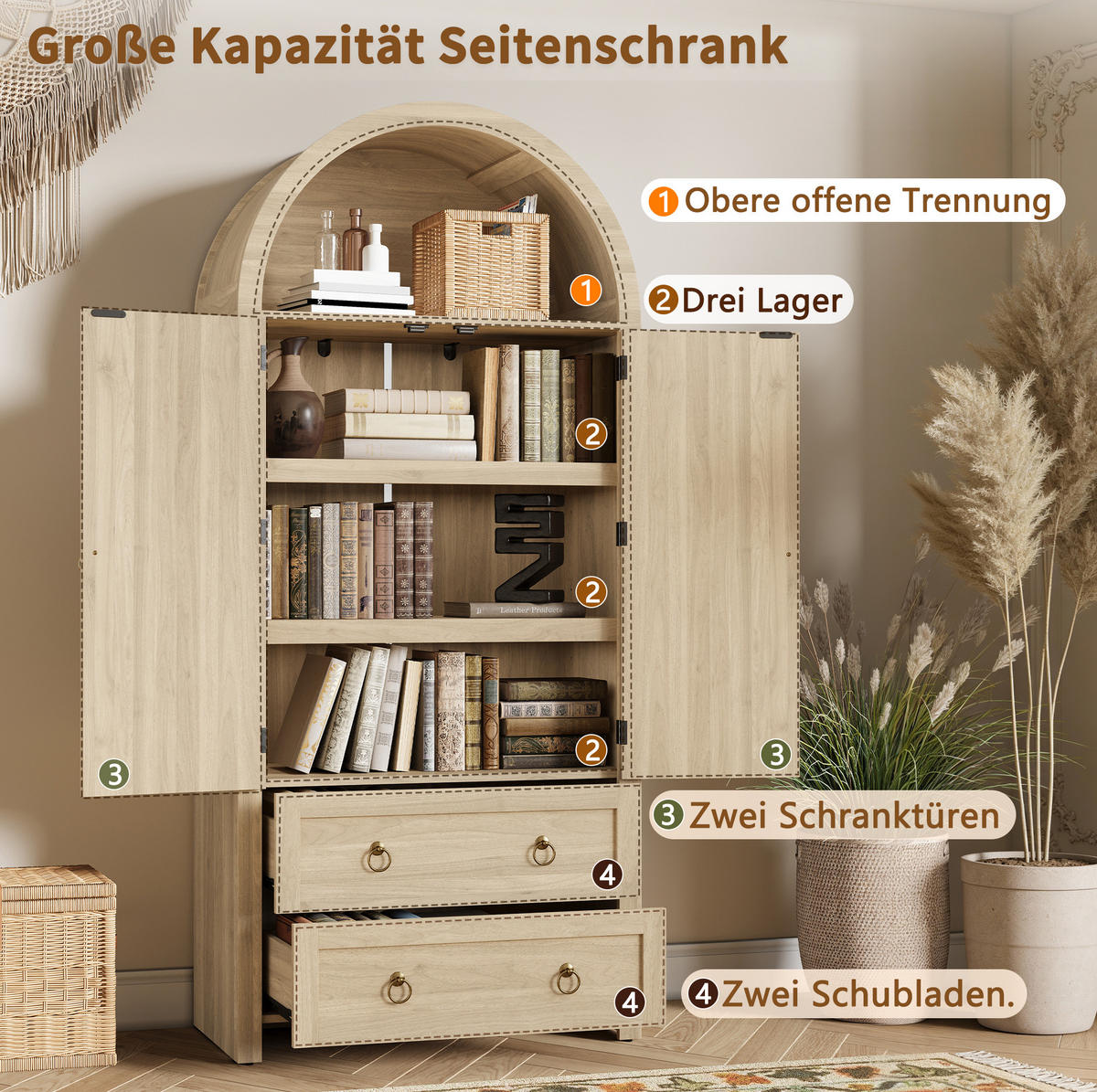 HIGHBOARD 80/180/40 cm Eichenholzfarbe aus MDF mit Rattantüren - Eichefarben, Holzwerkstoff (40/180/80cm) - OKMYHOME