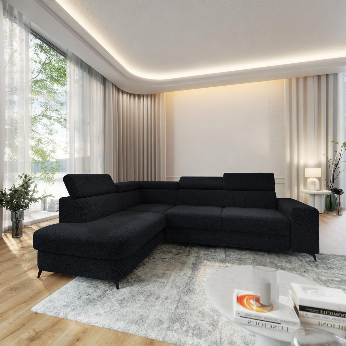 ECKSOFA ALVORO L-S Schwarz Boucle-Stoff mit Schlaffunktion - Schwarz, Holz (253/190cm) - MASSENO