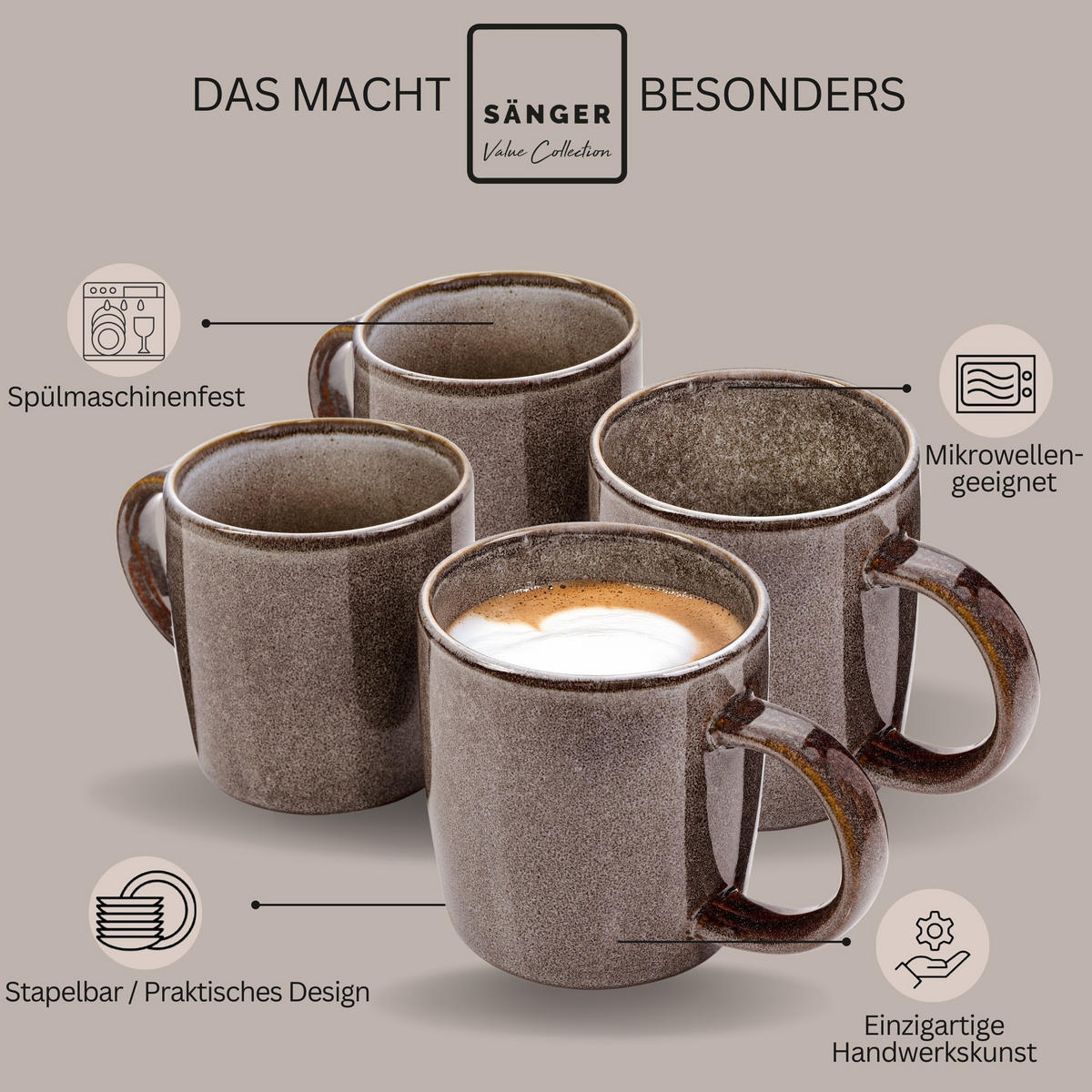 KAFFEEBECHER SET KAIRO GRAPHIT - 4 teilig aus Steingut - Braun, Keramik (0.4L) - Sänger