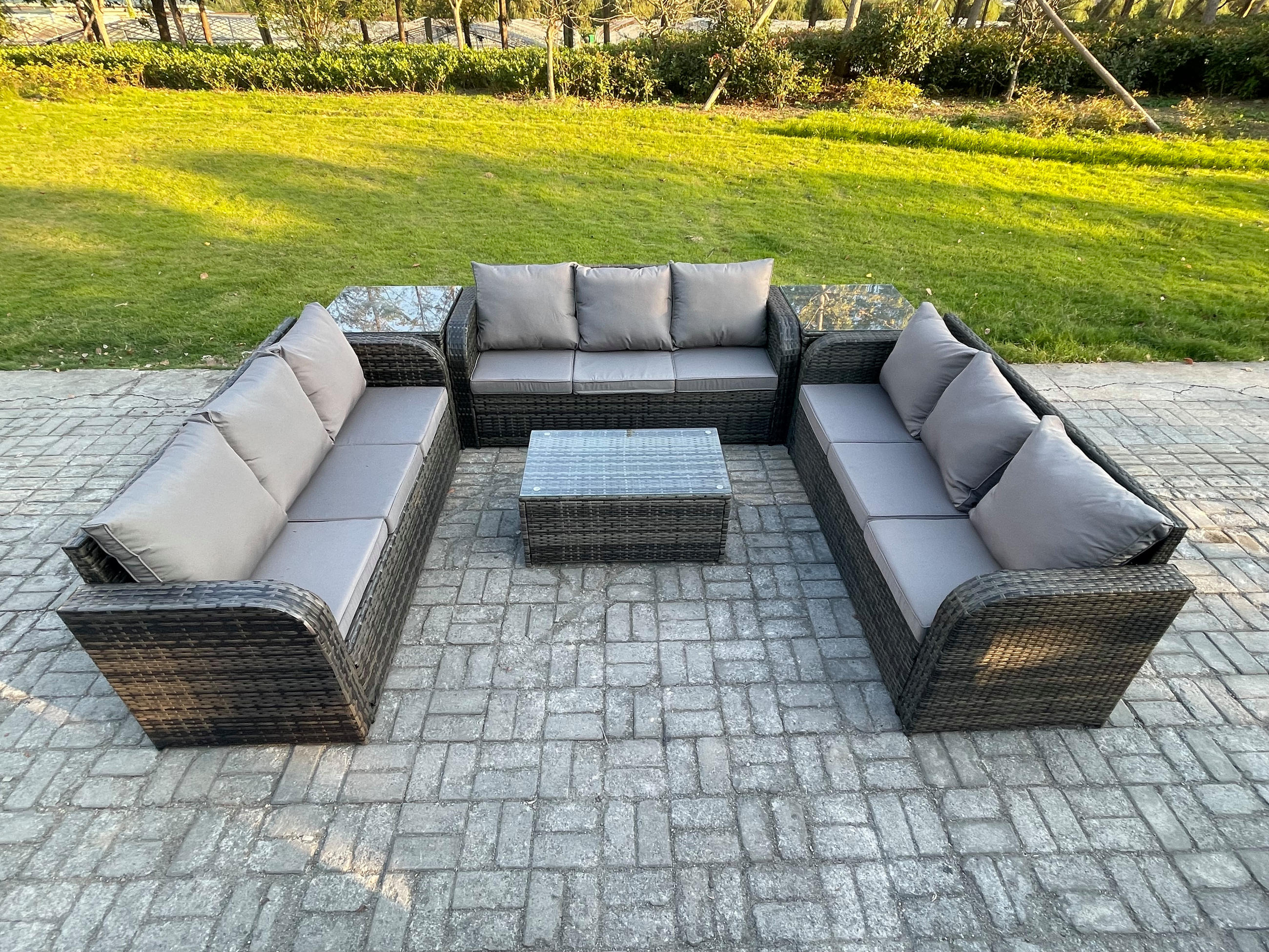 GARTENMÖBELGARNITUR mit KISSEN Polyrattan Dunkelgrau 9-Sitzer - Dunkelgrau/Grau, Glas/Kunststoff - Fimous
