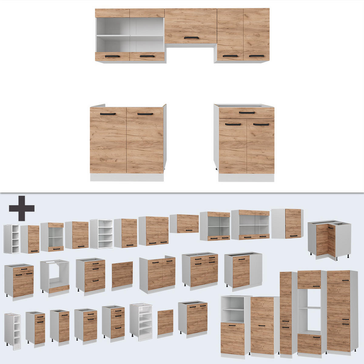 KÜCHENZEILE R-Line Goldkraft Eiche/Weiß 200 cm AP Eiche - Eiche Wotan/Weiß, Holzwerkstoff (200/81.6/60cm) - Vicco