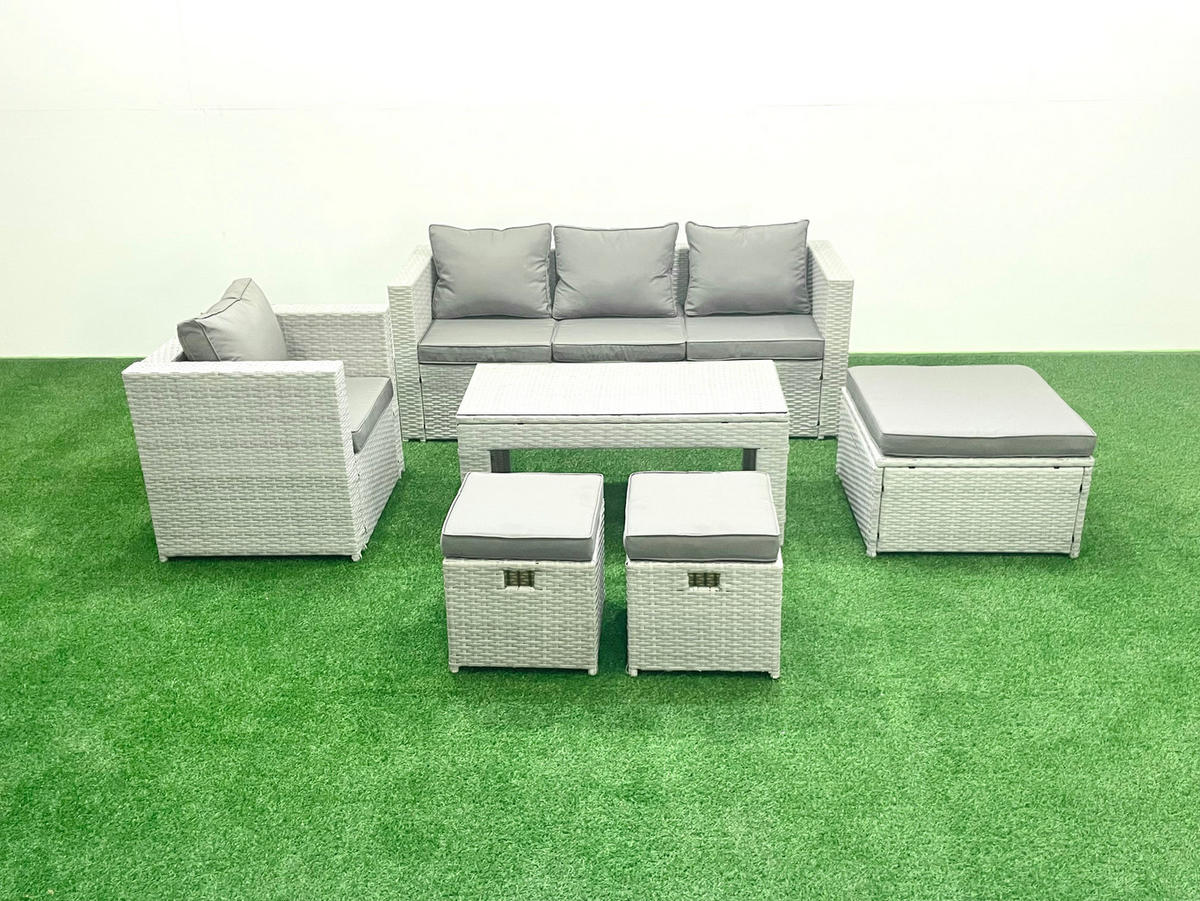 GARTENSET mit 3-SITZER SOFA,COUCHTISCH Polyrattan Hellgrau-Mix 7-Sitzer - Hellgrau/Grau, Glas/Kunststoff - Fimous
