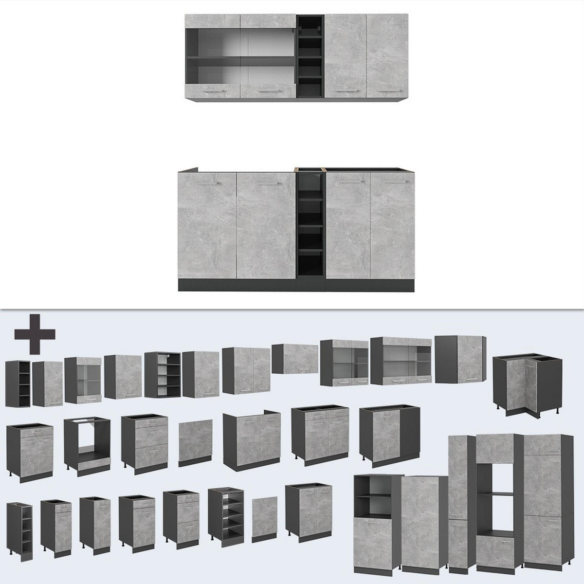 JEDNOTKOVÁ KUCHYNĚ R-Line Beton/antracit - šedá/antracitová, kompozitní dřevo (160/81.6/60cm) - Vicco